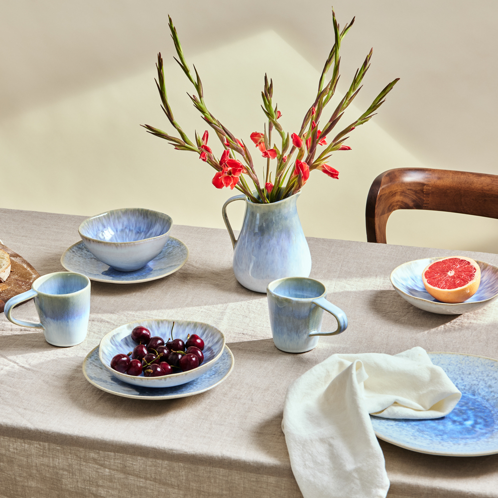 A stylish stoneware plate, bowl and jug set